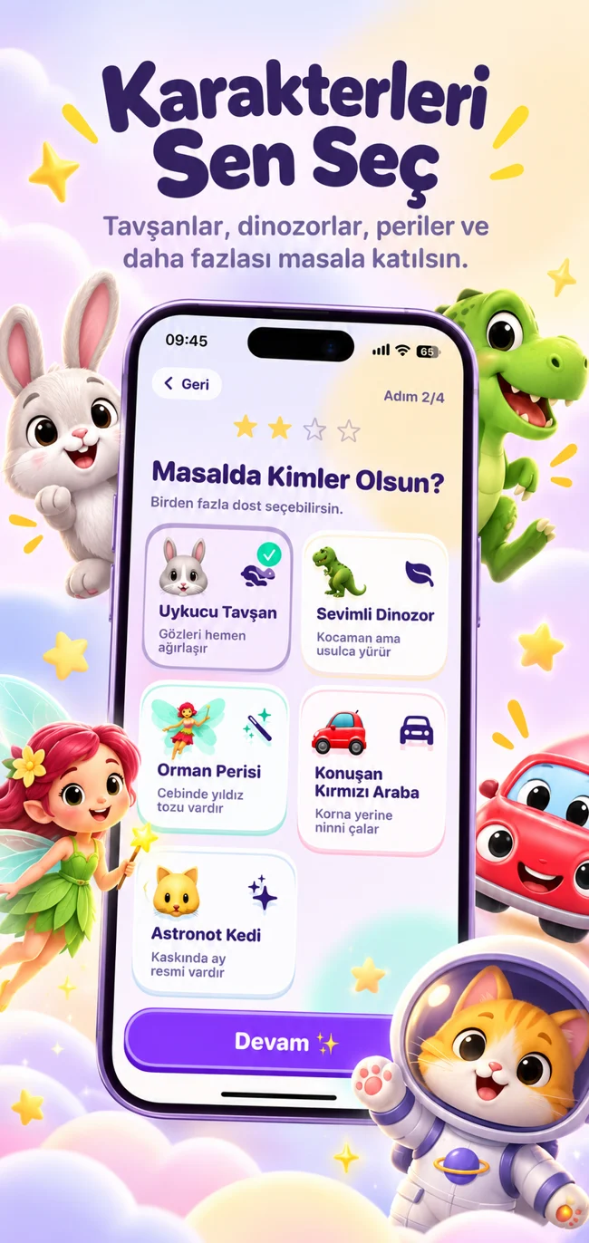 Masal karakterlerini seçme ekranı